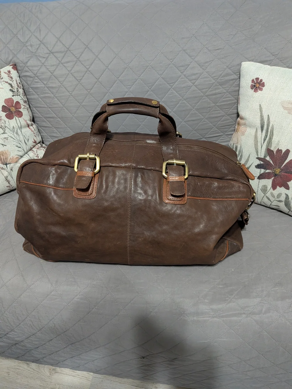 Paul Costello Men's Brown Leather Duffel Bag with Shoulder Strap